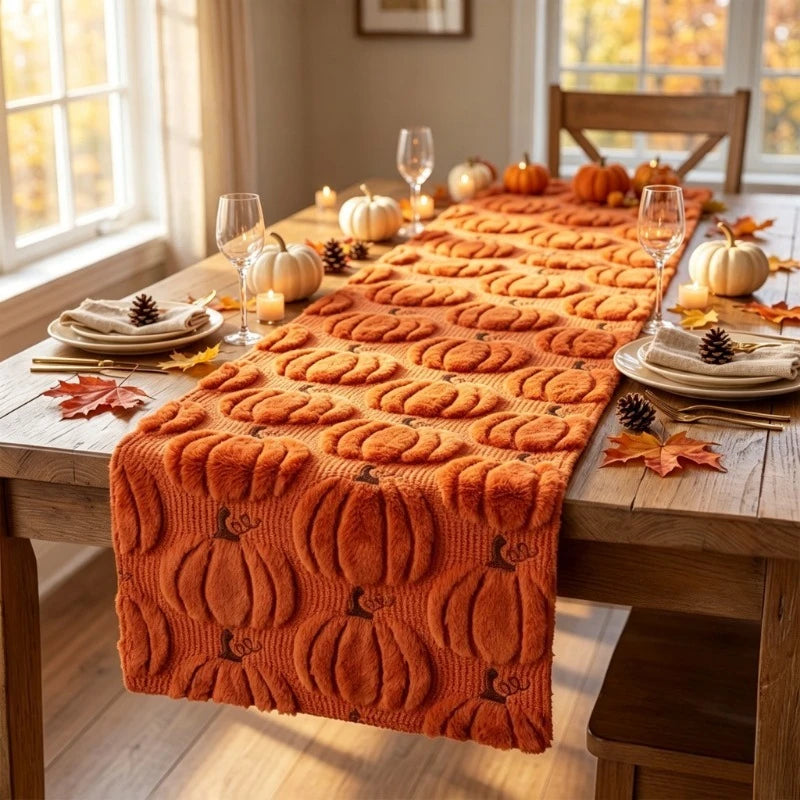 Caramel knit pumpkin table runner on a fall-themed dining table with pumpkins and candles