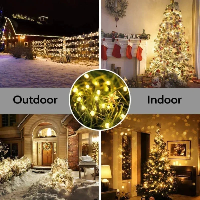 Outdoor and indoor settings decorated with solar string lights, including garden fence and Christmas tree