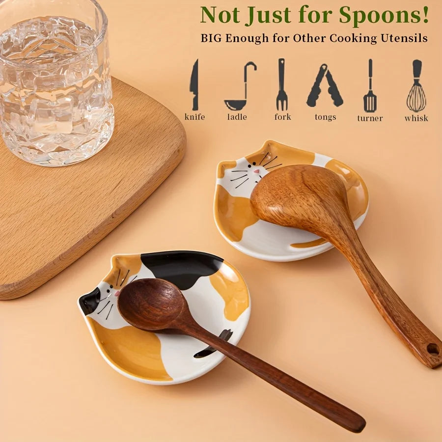 Whisker Cat Ceramic Spoon Rest for Kitchen Counter or Stove