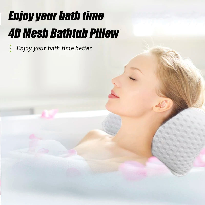 Person leaning on a white bath pillow in a bathtub with bubbles, with text overlay about mesh pillow