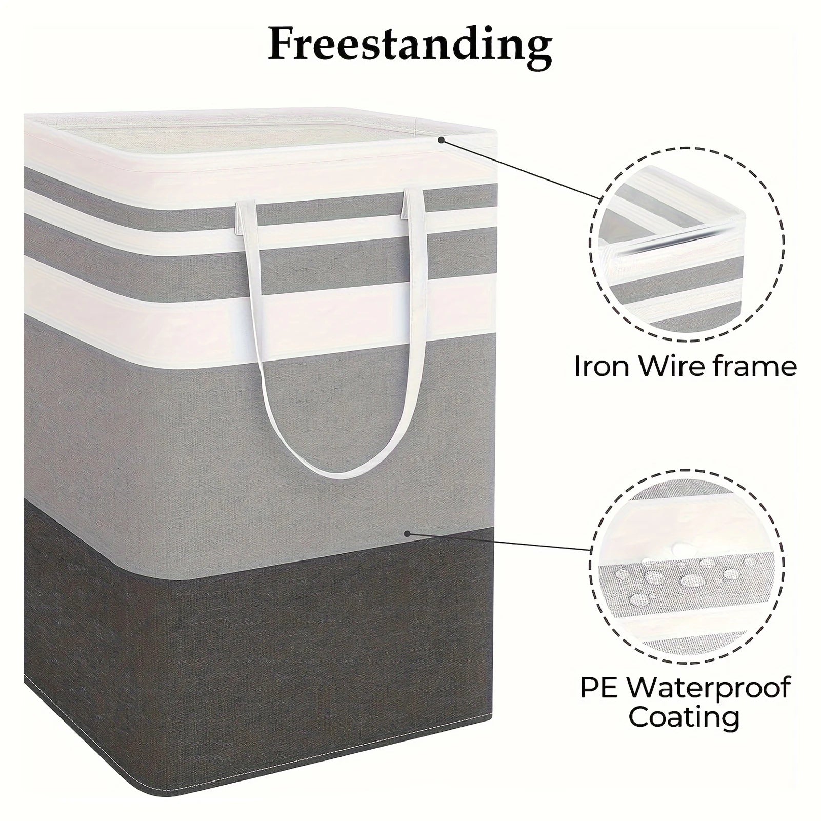 Freestanding rectangular striped laundry hamper with callouts to the iron wire frame and water-resistant coating