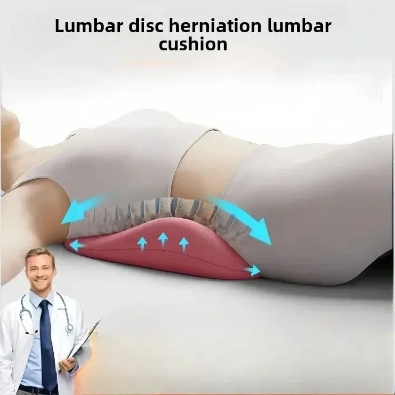 Illustration of lumbar support pillow placed under back while lying down