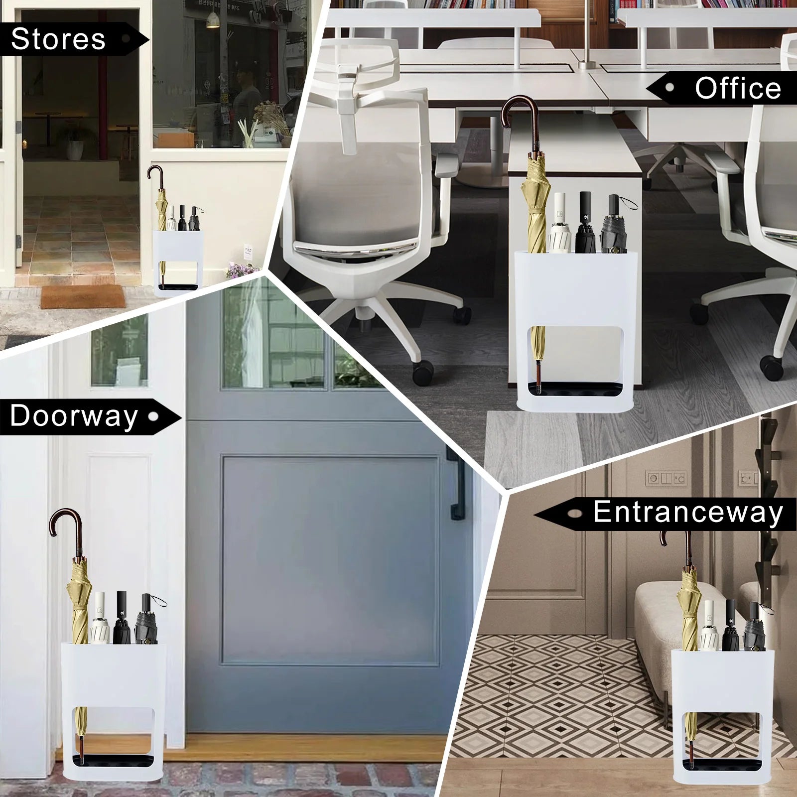 Umbrella stand shown in hallway, office, store, and entryway for different placement ideas