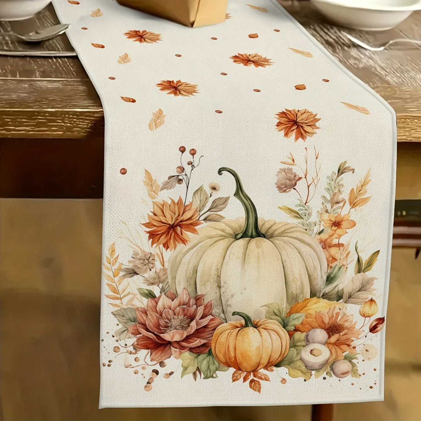 Autumn Harvest Pumpkin Table Runner – Fall Floral Dining Decor