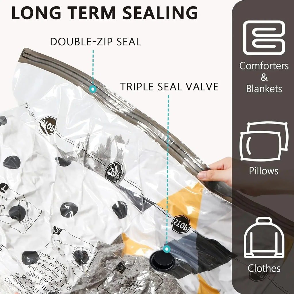 vacuum storage bag double-zip seal and valve shown for bedding and clothes