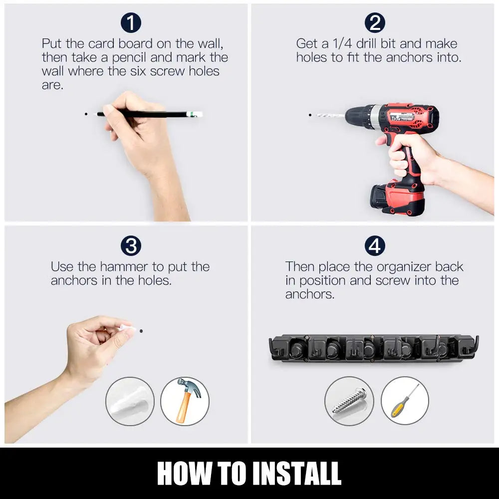 Step-by-step installation instructions for wall-mounted broom and mop holder