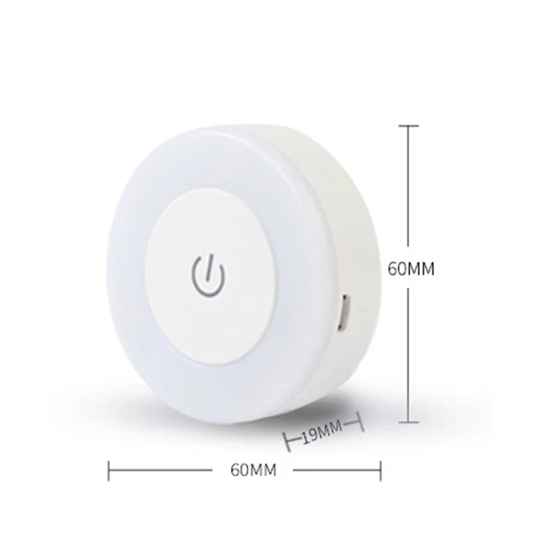 Side view of magnetic touch night light with measurements: 60mm diameter, 19mm thick