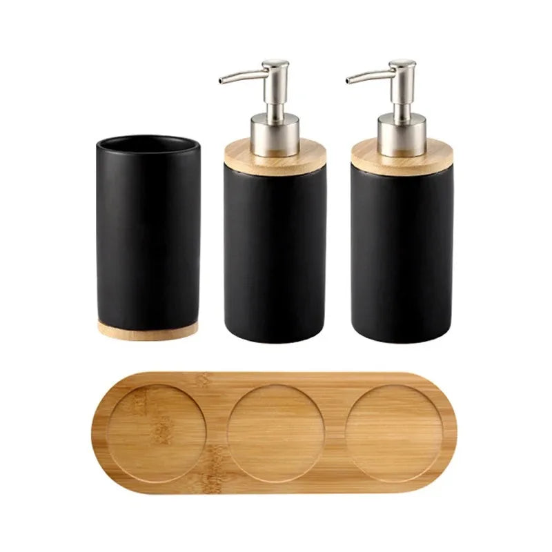 Arden Ceramic Bathroom Accessories Set with Wooden Tray – Modern Countertop Organizer for Soap and Toothbrush Storage