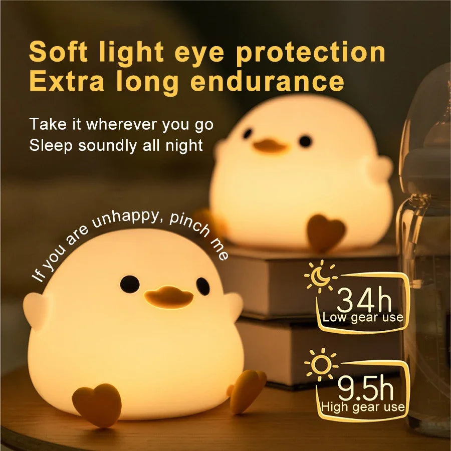 Two duck silicone night lights with text about soft light, long battery, and bedtime use