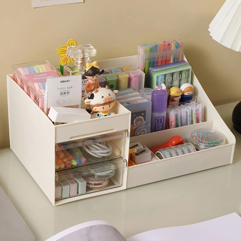 Beige Partitioned Desktop Organizer with Drawers for Makeup, Skincare or Office