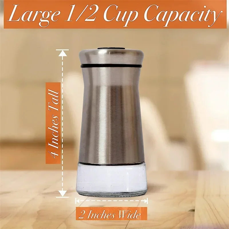 Adjustable Glass & Stainless Steel Salt and Pepper Shaker for Kitchen Counter or Tabletop Organization