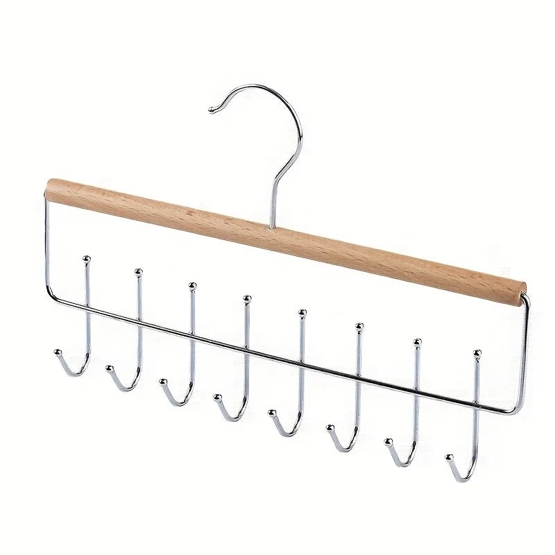 Hanging Wooden Hat & Accessory Organizer Rack with 8 Metal Hooks
