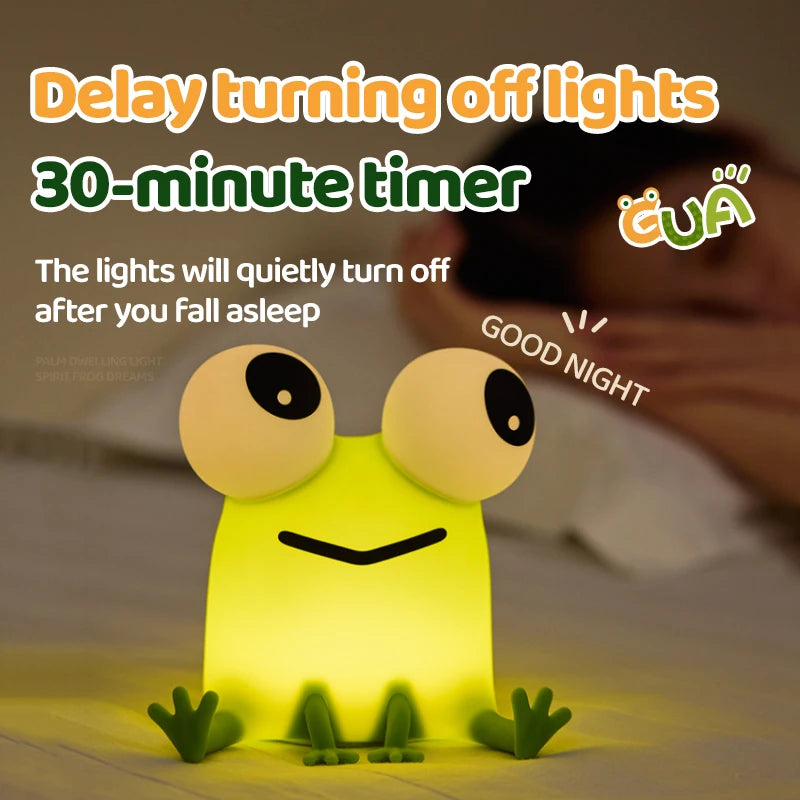 Frog-shaped silicone night light on a bedside table, text overlay shows 30-minute timer function