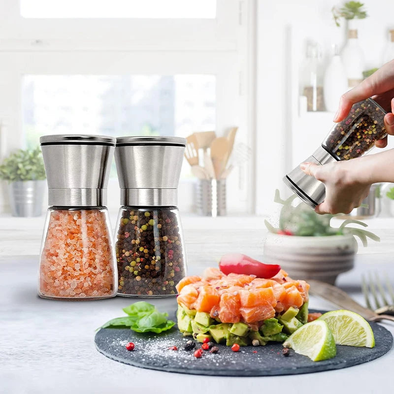 Adjustable Salt and Pepper Grinder Set with Glass and Stainless Steel