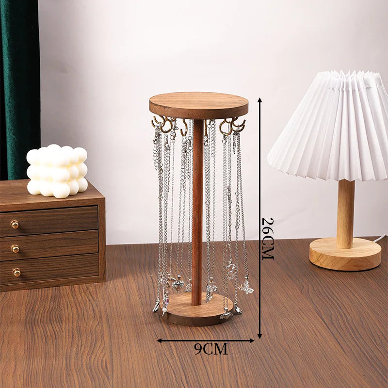 Walnut Wood Necklace Organizer Stand with Hooks