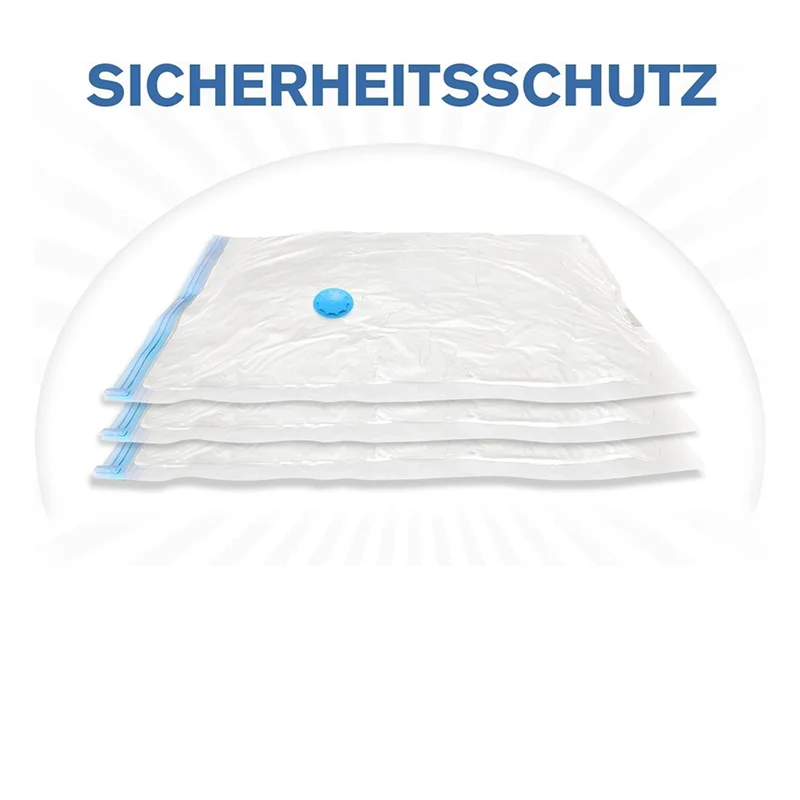 Four vacuum storage bags laid flat with blue valves, labeled as protective