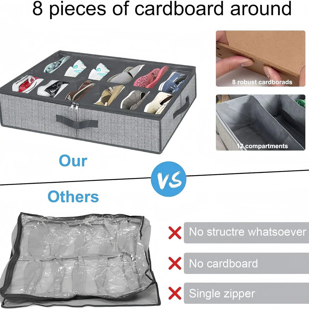 Comparison of sturdy under bed shoe organizer with cardboard supports versus soft alternatives