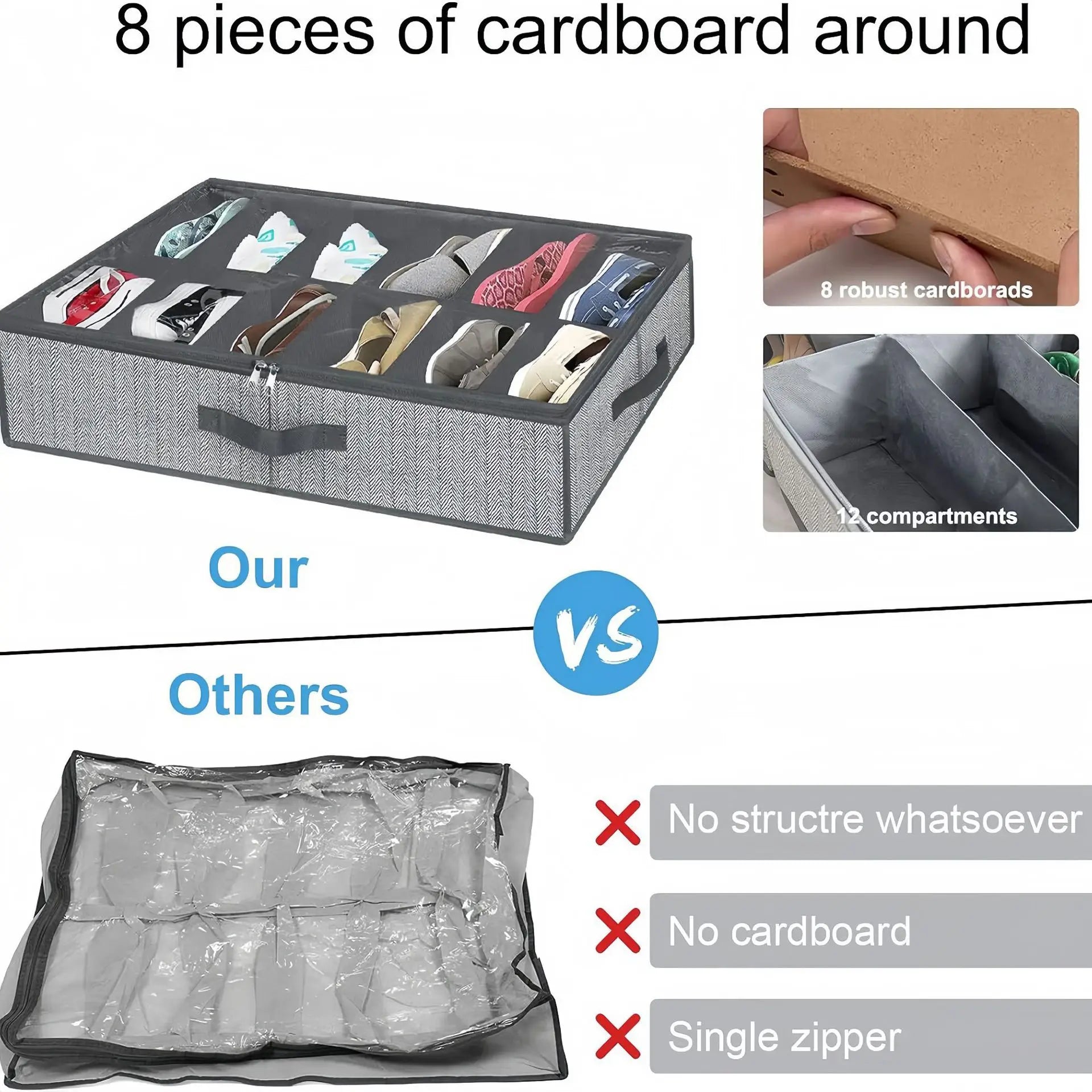 Comparison of sturdy under bed shoe organizer with cardboard supports versus soft alternatives
