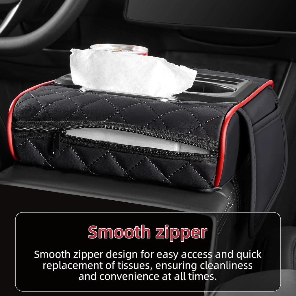 Car console organizer with zippered tissue compartment and visible tissue slot on top