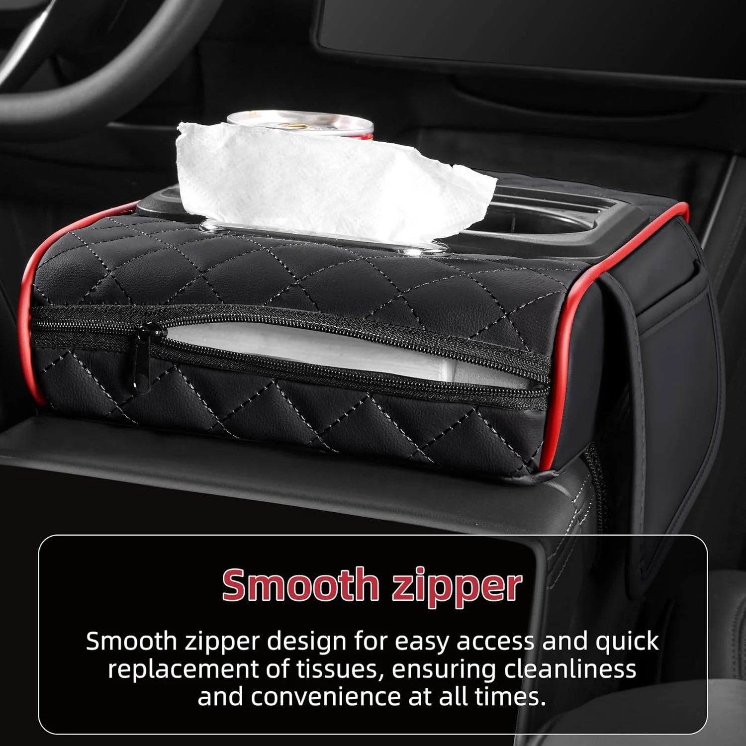 back zipper on car armrest organizer for easy tissue box replacement