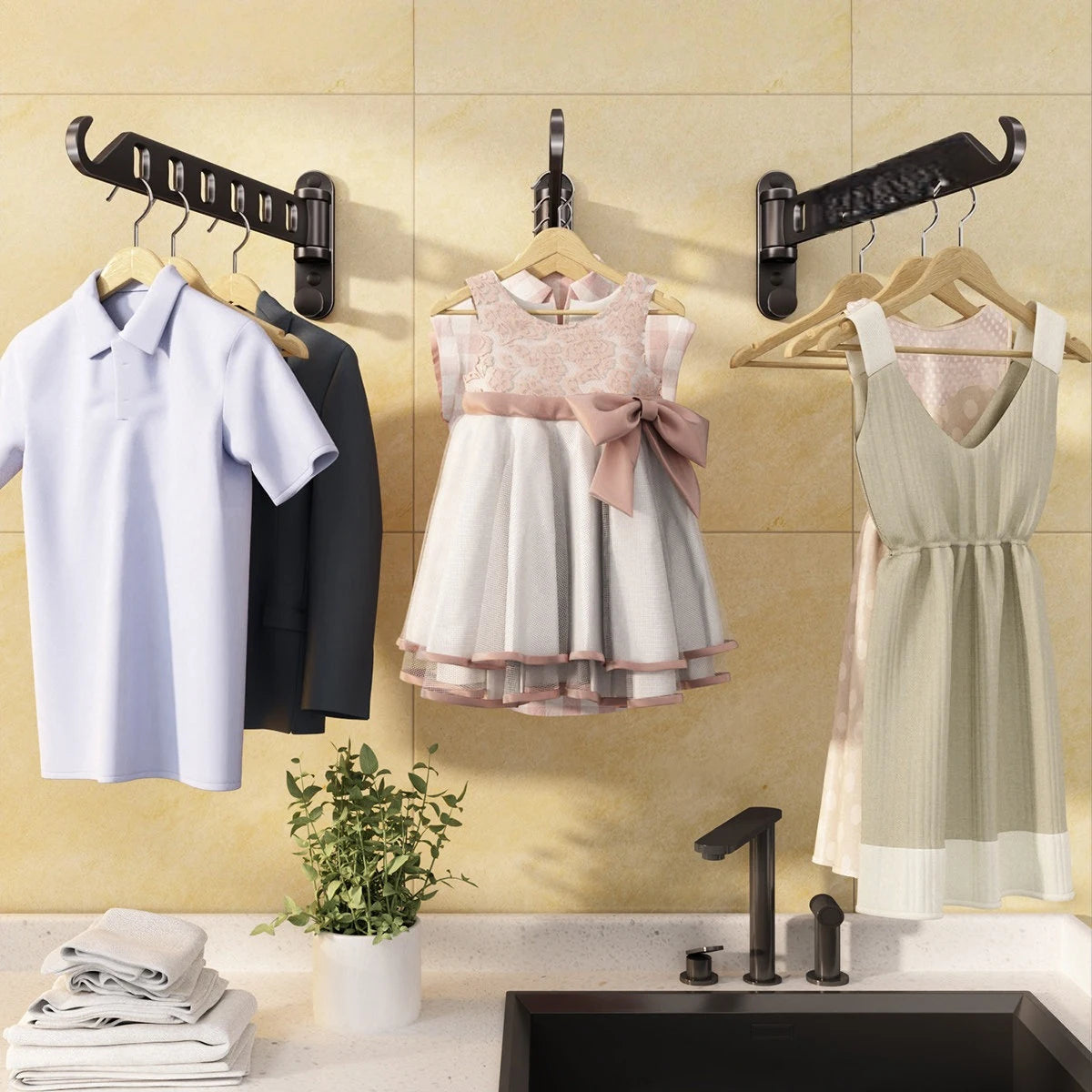Two wall-mounted drying racks holding clothes in a laundry or utility room