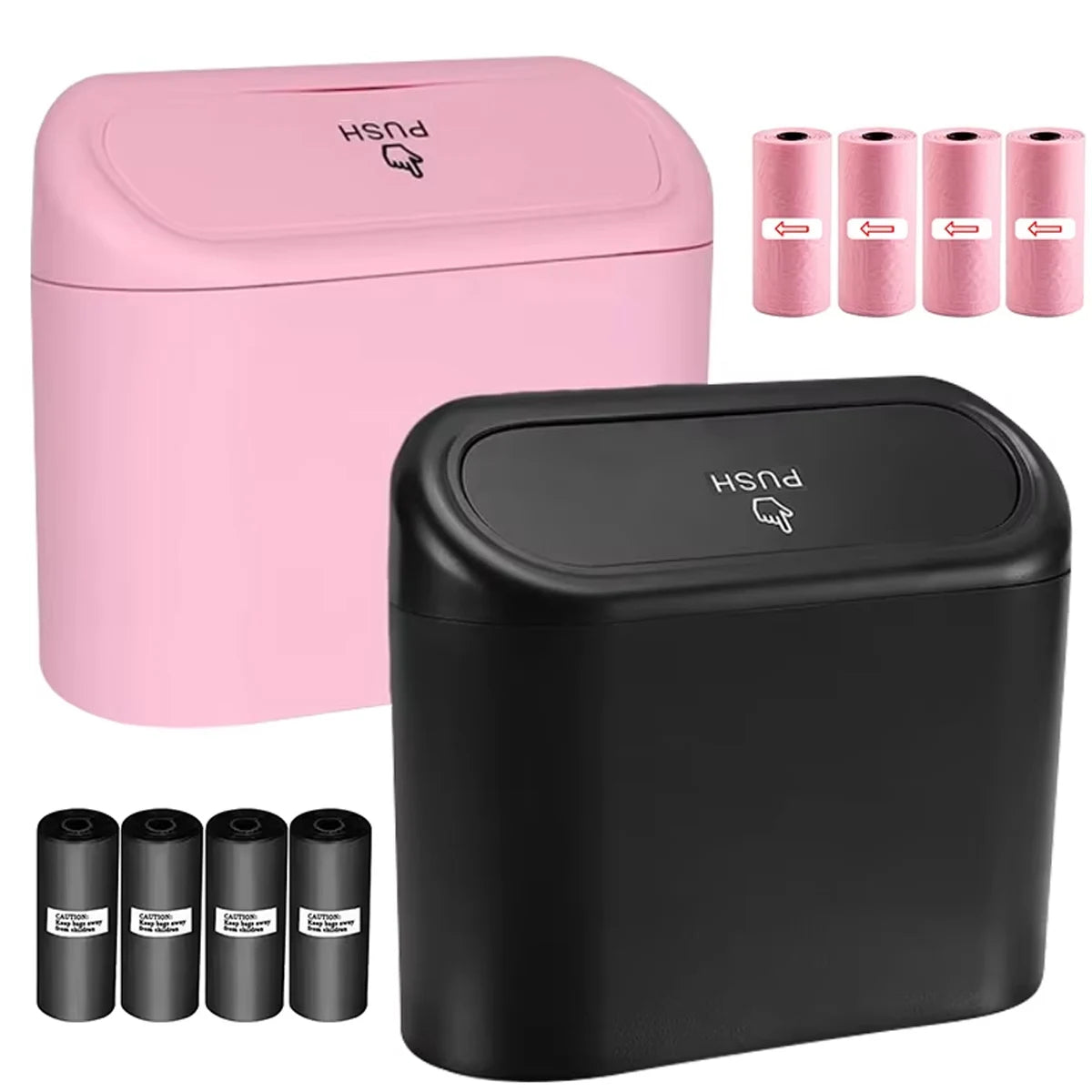 Pink and black mini trash cans with four rolls of matching trash bags
