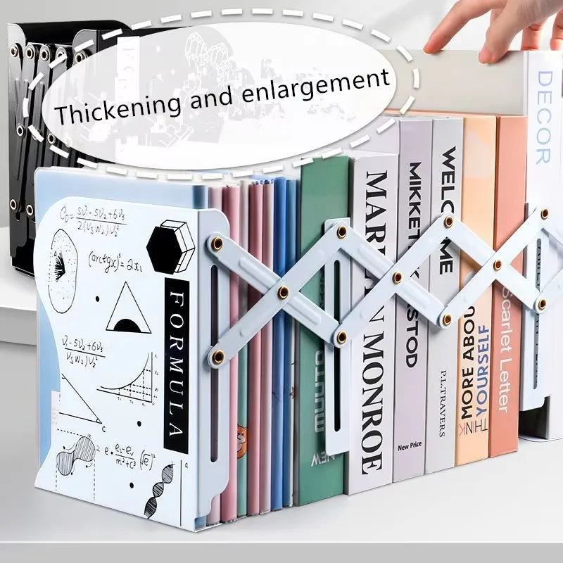 White retractable book stand expanded to hold a row of large books on a shelf