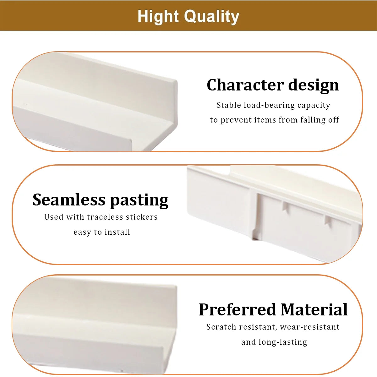 Close-up details of white plastic adhesive shelf, including raised edge and adhesive sticker