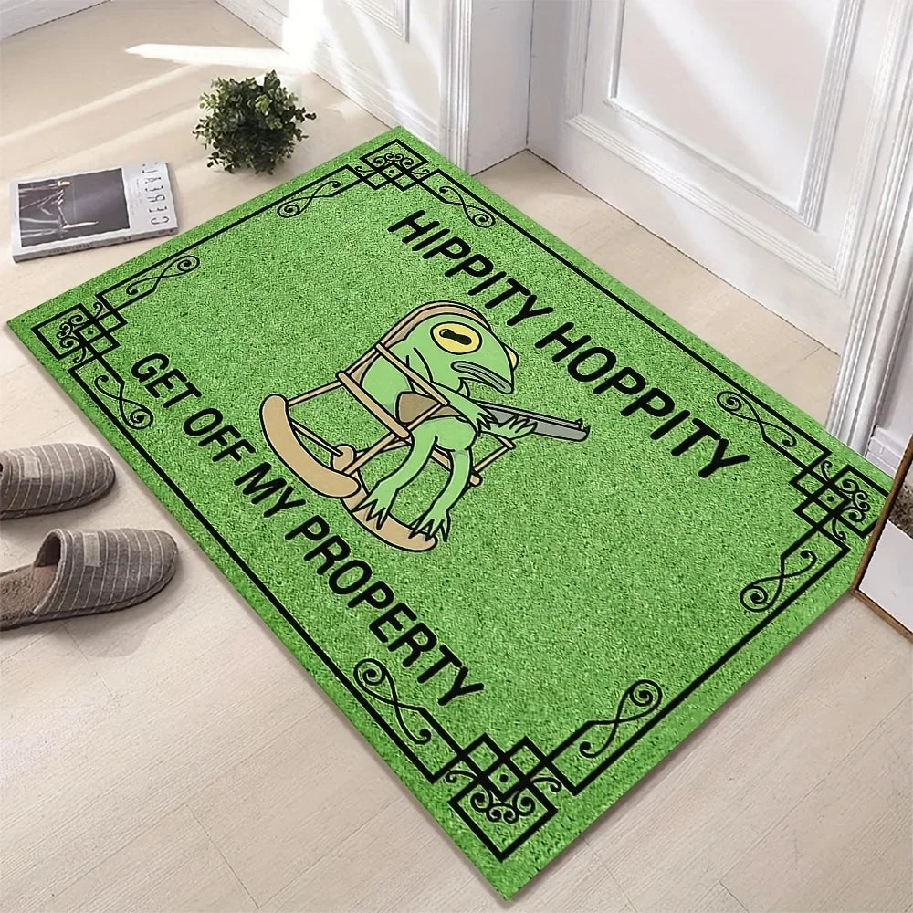 Cartoon frog doormat in a bright indoor hallway scene