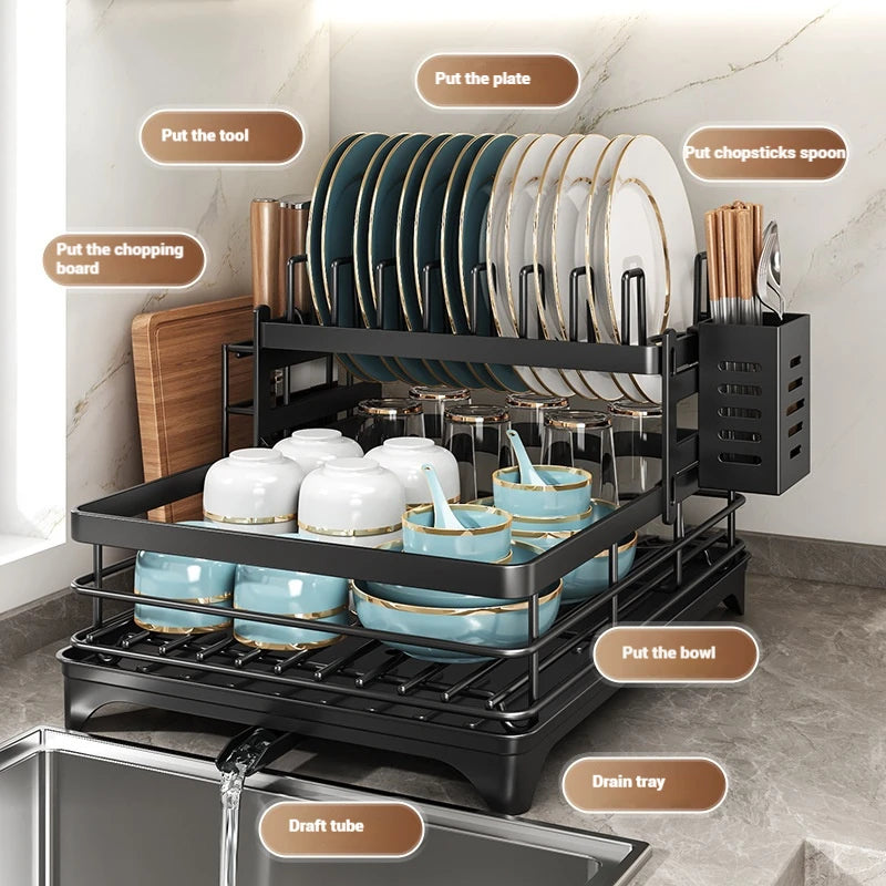 Adjustable 2-Tier Carbon Steel Dish Drying Rack with Drainboard for Kitchen Counter Organization