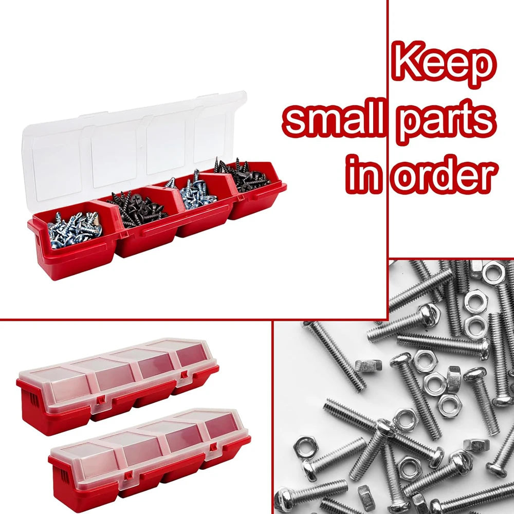 Red plastic organizer box open with screws and bolts neatly sorted, text reading 'Keep small parts in order'