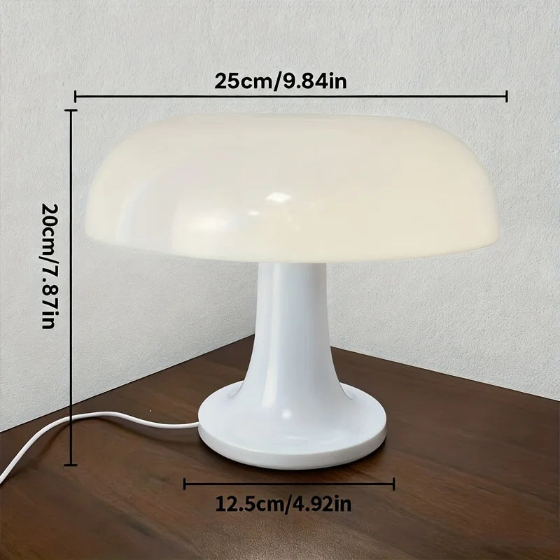 Creamy white mushroom table lamp displayed with dimensions: 25cm wide, 20cm tall, 12.5cm base