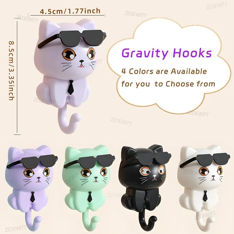 Purple cat wall hook with sunglasses and tie, size labeled as 8.5 x 4.5 cm, with four color options shown
