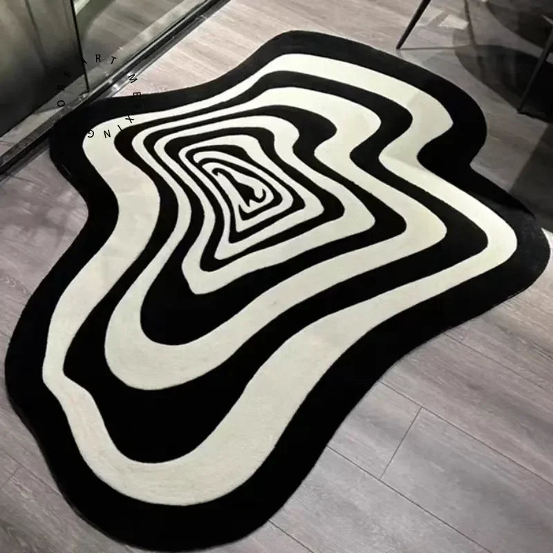 Modern abstract rug placed near furniture with smooth curved edges