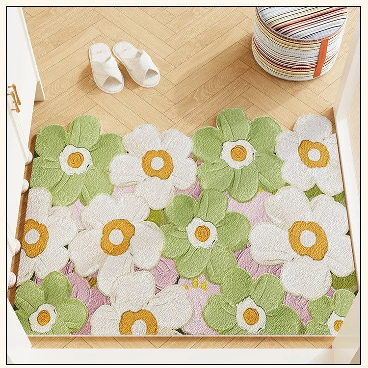 wavy edge pastel green and white floral rug in small doorway with slippers