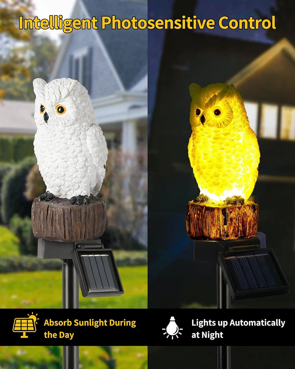 Owl solar pathway light showing photosensitive control in day and night settings with solar panel