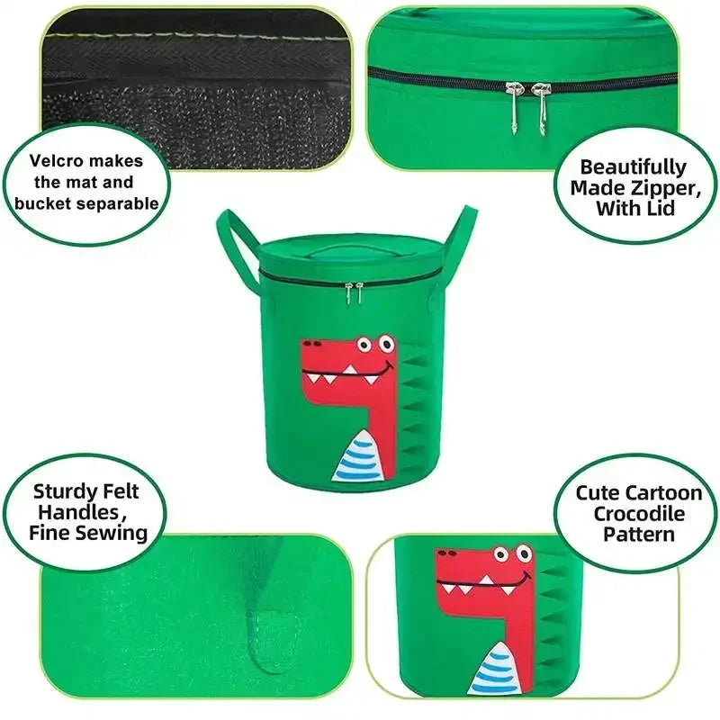 Close-up of crocodile felt bin showing zipper lid, handles, and stitching