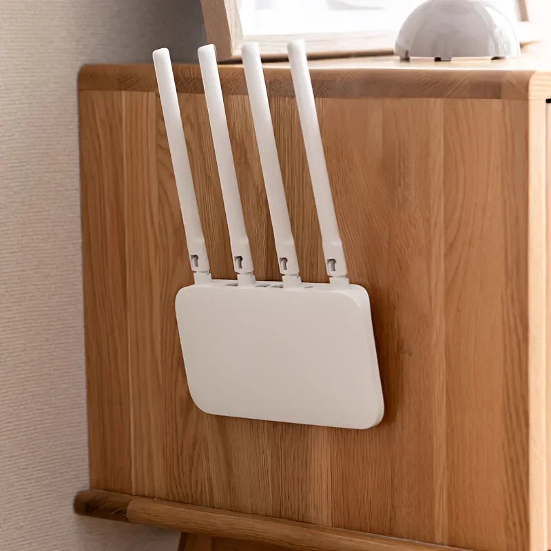 Wi-Fi router hung vertically on wood using two magnetic holders
