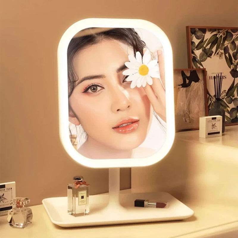 LED desktop mirror on dresser with person using for makeup application under bright lighting