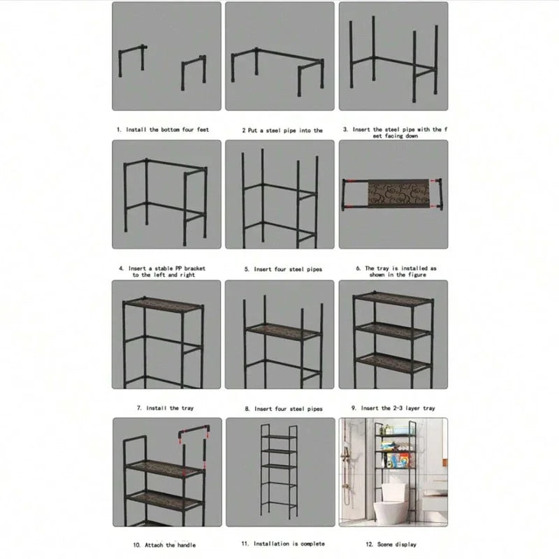 Step-by-step assembly instructions for over-toilet bathroom rack with diagrams