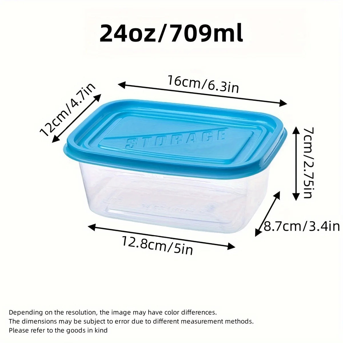 Single plastic food container with blue lid showing measurements: 24oz/709ml, 16 x 12 x 7 cm