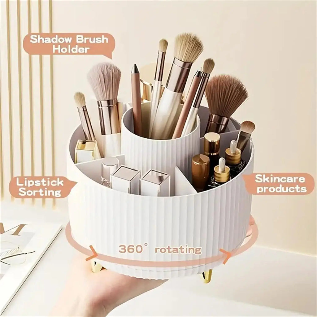 Rotating organizer in hand, showing labeled sections for makeup brushes, lipsticks, and skincare