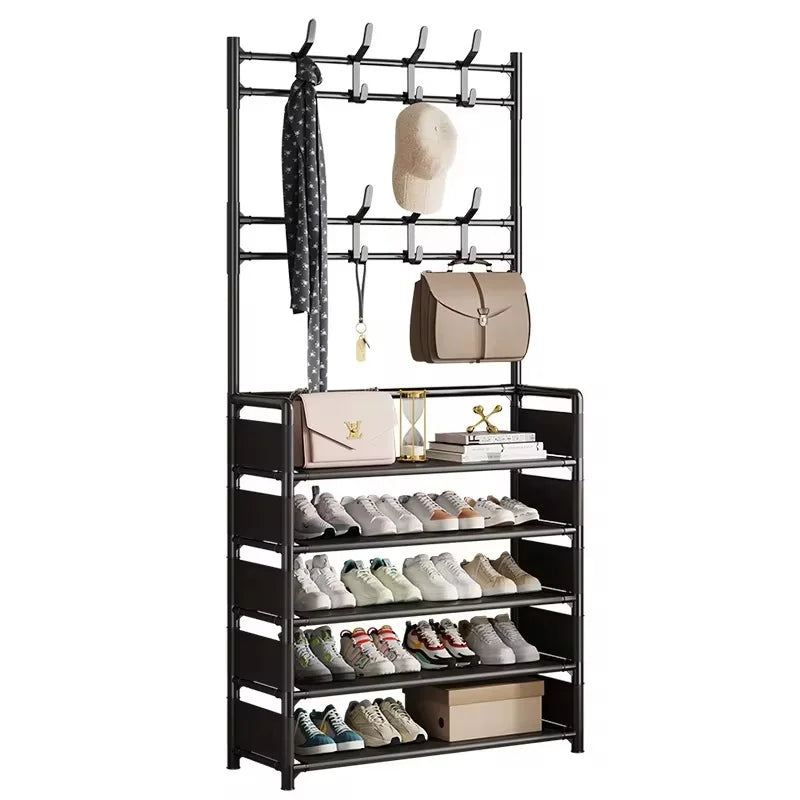 Metal Entryway Organizer Rack with 3–5 Shelves & 8 Hooks for Shoes, Coats, Hats, and Accessories