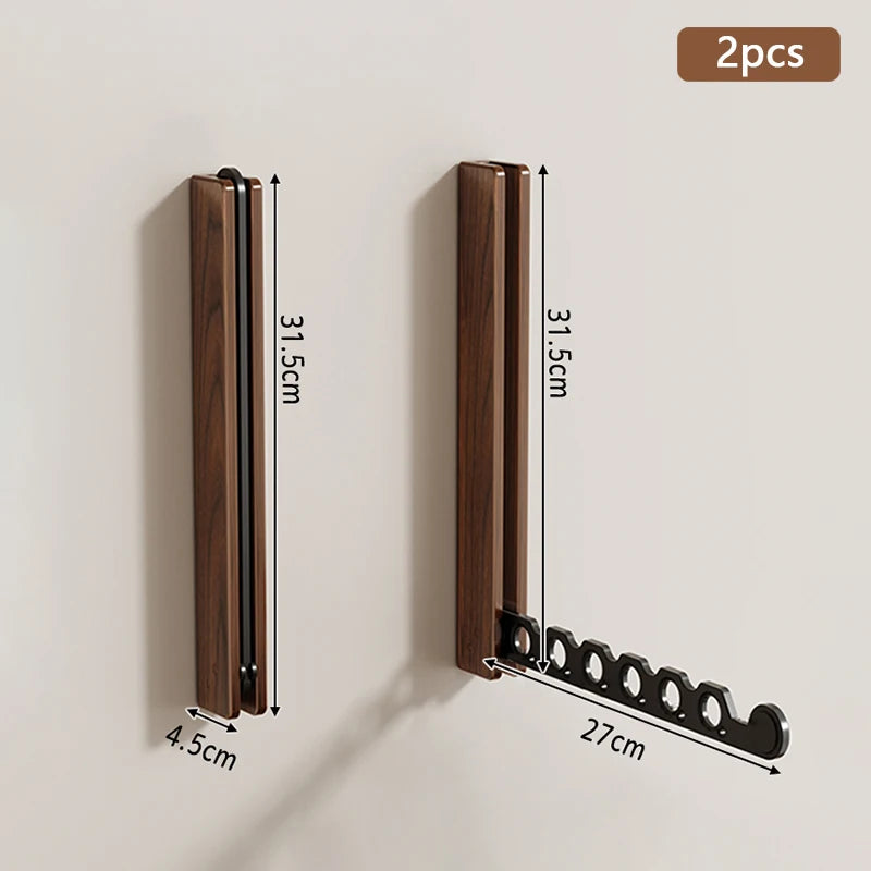 Walnut Wood Wall-Mounted Foldable Clothes Drying Rack with Windproof Hanger Slots for Bedroom, Laundry, or Balcony
