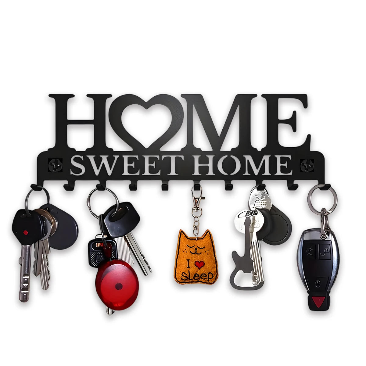 Black metal 'Home Sweet Home' key holder with 10 hooks, shown holding various key rings and keychains.