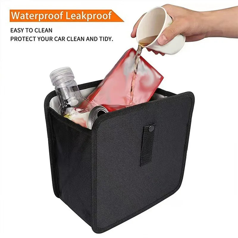 pouring liquid into a square car trash can with easy-clean waterproof Oxford cloth