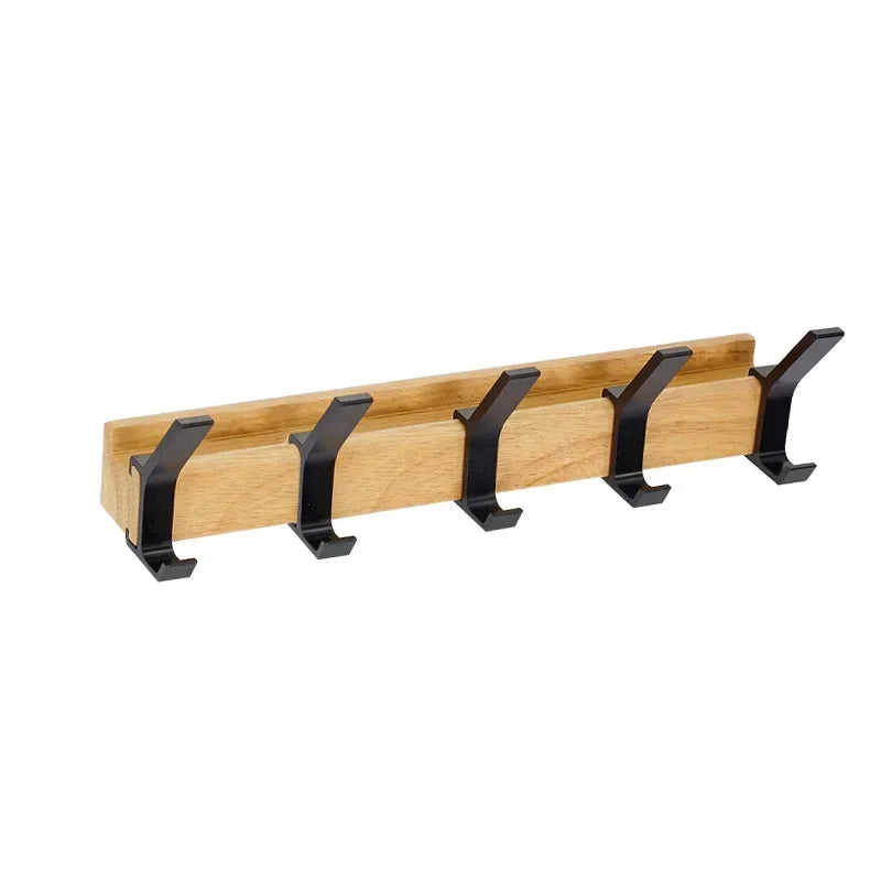Wall Mounted Oak Coat Rack with 5 Movable Aluminum Hooks