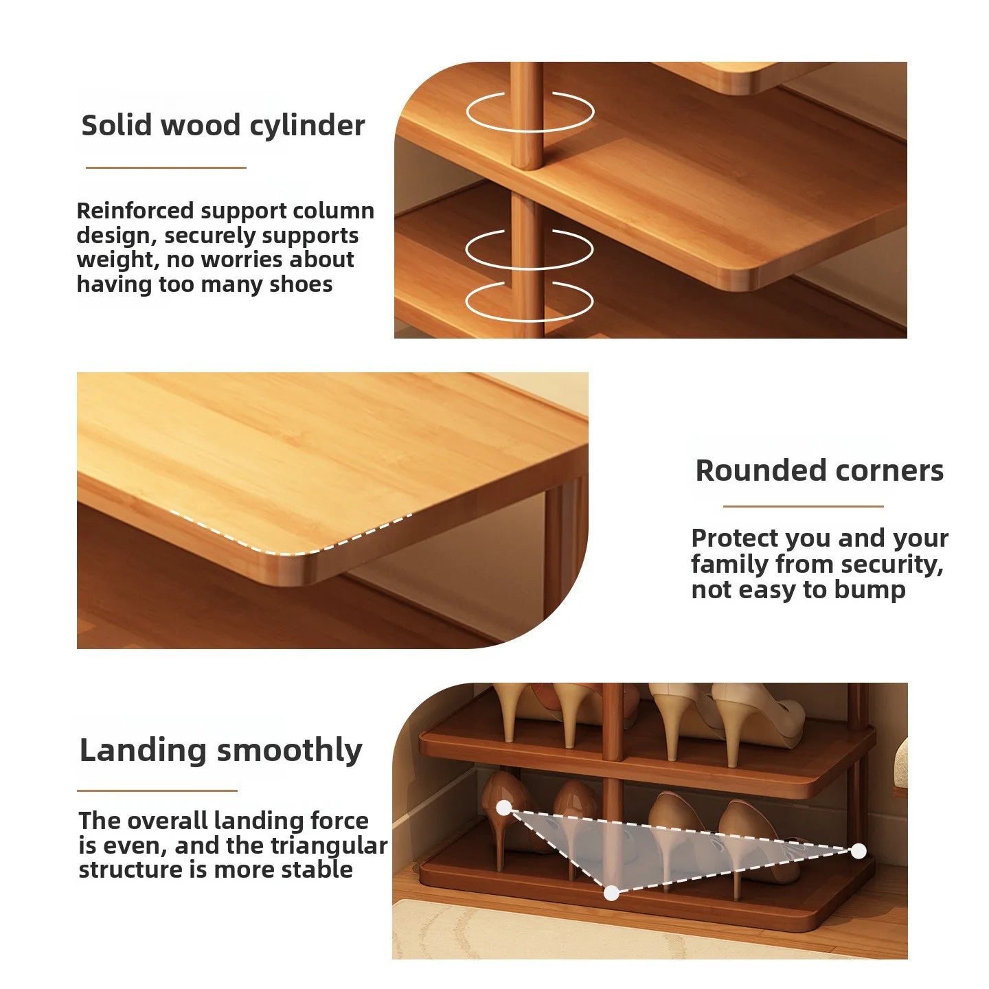 Close-up diagrams showing solid bamboo construction, rounded corners, and stable base of the shoe rack