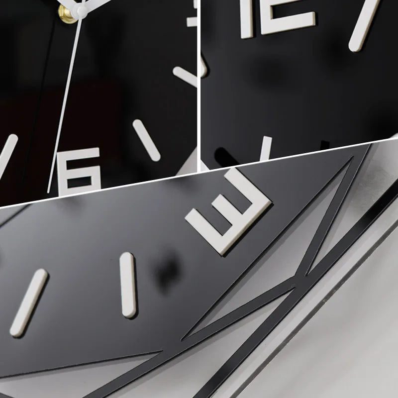 Close-up detail of the black acrylic wall clock face and geometric frame