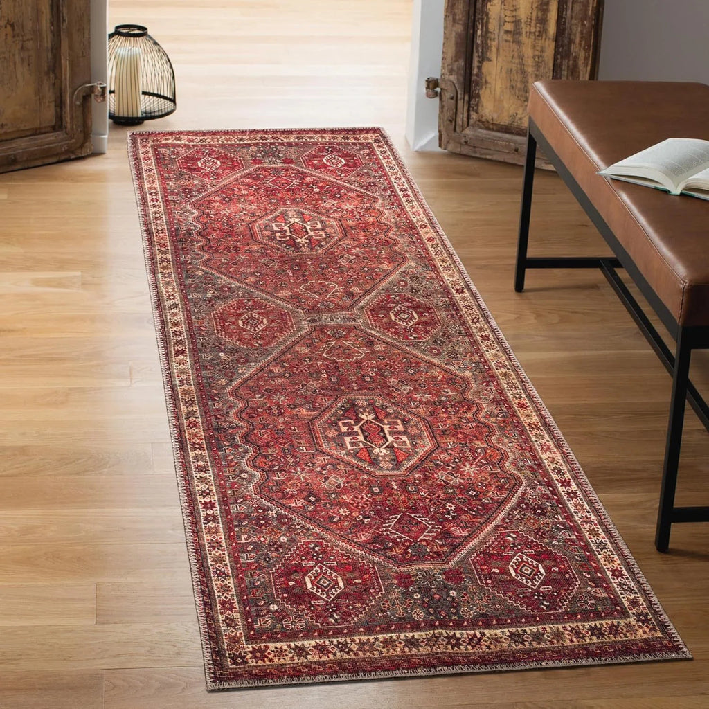 Red medallion vintage runner rug in a hallway with wooden doors